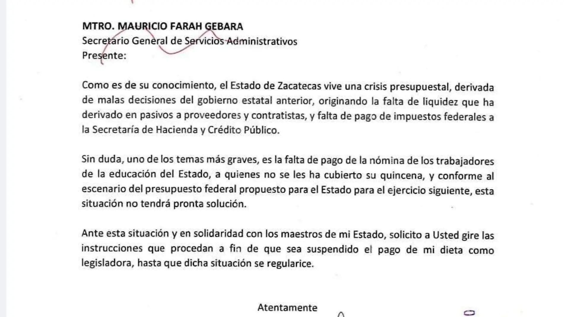 Acuse de recibido de oficio girado por Soledad Luévano Cantú